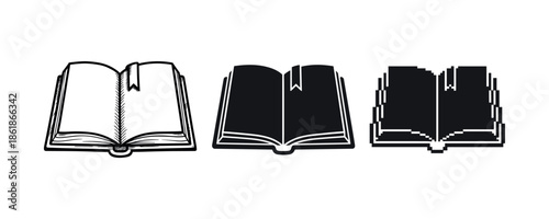 Stylized open books set: outline, solid, pixel art designs