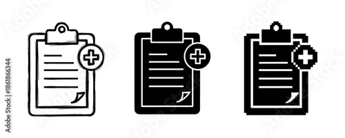 Medical clipboard icons: outline, solid, and minimalist styles for healthcare
