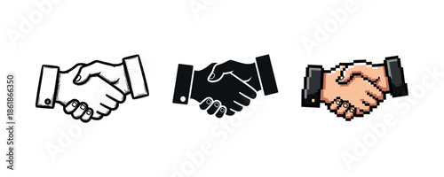 Diverse handshake styles: sketch, silhouette, and pixel art representations