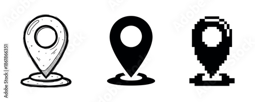 Three styles of location pins: sketch, solid, pixel art design variations