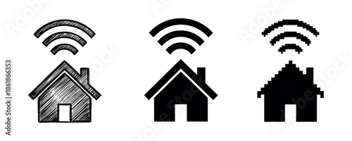 Sketch, solid, and pixelated smart home icons with wi-fi symbols