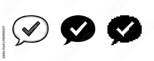 Three speech bubbles with check marks: sketch, solid, and pixelated styles
