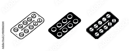 Black and white pill blisters: hand-drawn, solid, pixel style designs