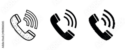 Three styles of phone icons: sketch, solid, pixelated