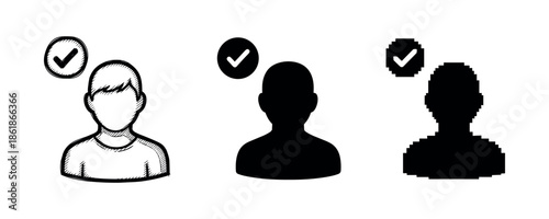 Diverse male avatars: sketch, silhouette, pixel art styles with checkmarks