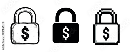 Dollar symbol padlocks in sketch, solid, and pixel art styles
