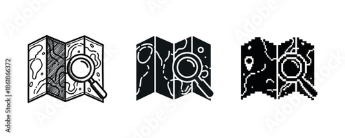 Set of three minimalistic map and magnifying glass icons