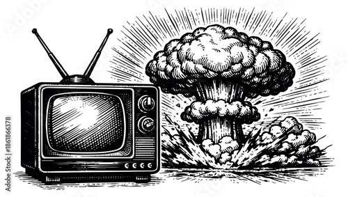 Hand drawn illustration of a vintage television depicting a mushroom cloud explosion for news broadcast