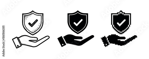 Hand shield icon variations: sketched, solid, pixel art styles
