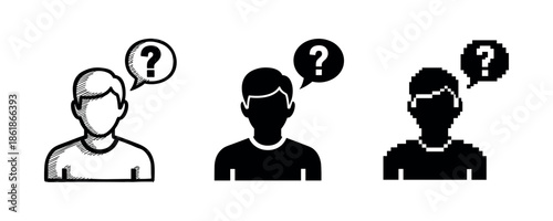 Three male avatars in black and white illustrations with question marks