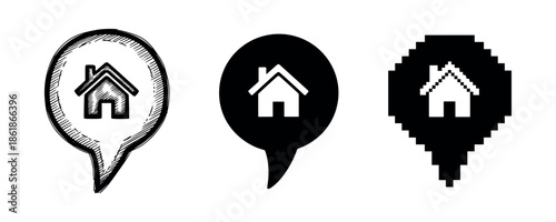 Three iconic home symbols: sketch, solid, and pixel styles