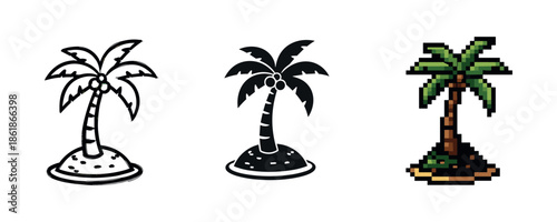 Three stylized palm trees: cartoon, silhouette, pixel art variations