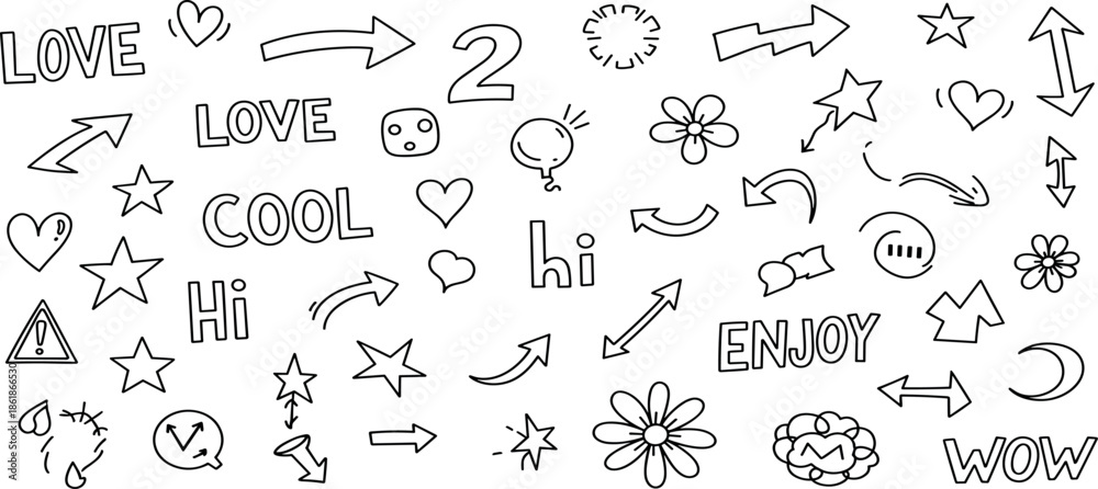 Obraz premium A collection of hand-drawn doodles featuring various symbols and words on a white background
