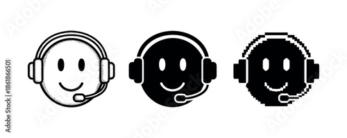 Smiling faces with headsets in various artistic styles