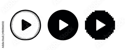 Sketched, solid, and pixelated play button icons on white background
