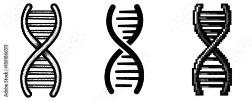 Three dna helix illustrations in sketch, modern, and pixel art styles