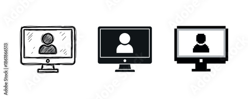 Set of computer monitor icons featuring user avatars in sketch, solid, and pixel styles