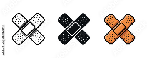 Set of crossed adhesive bandages in black and white, silhouette, and pixel art styles