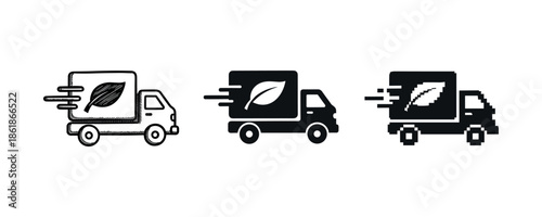 Eco-friendly delivery icons: leaf symbol on trucks in three styles