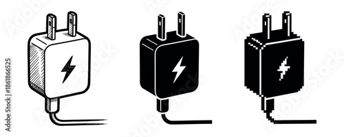 Three graphic styles of electric chargers: sketch, solid, pixel art