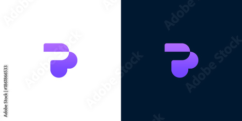 A purple logo on a split background with white and dark blue sections displayed from a straight-on viewpoint