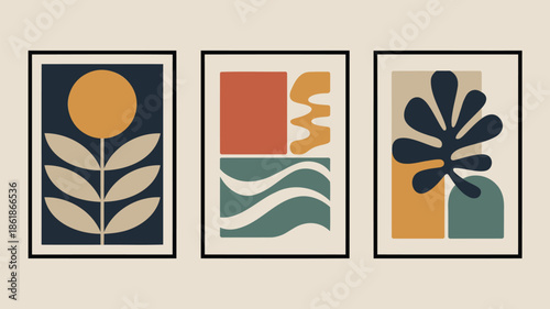 Vibrant abstract art prints with floral motifs in modern frames