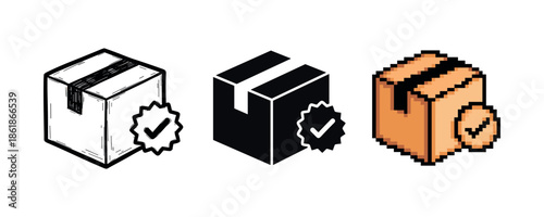 Three styles of boxes with check marks: sketch, solid, pixel art