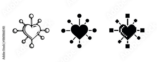 Heart symbol evolution: line art, solid, and pixel styles