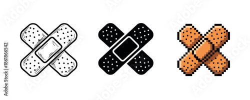 Set of bandages: hand-drawn, black and white, pixel art designs
