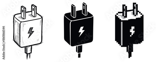 Three stylized smartphone chargers with lightning bolt symbols in black and white
