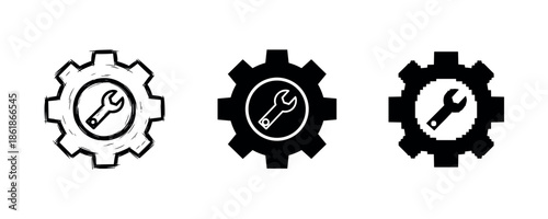 Black and white gear icons with wrench symbols for repair and maintenance