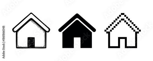 Three house icons: sketched, solid, and pixelated variations