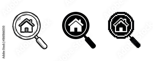 House icons under magnifying glass in different art styles