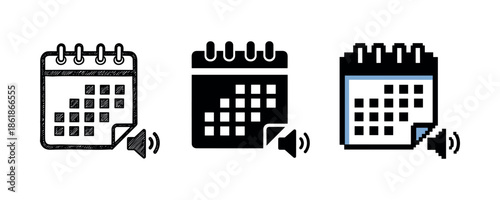 Calendar icon set with sound wave symbol in doodle, solid, and outline styles
