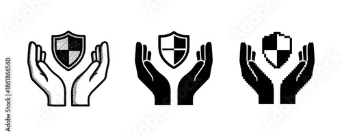 Hands holding shield symbols: monochrome variations of security icon