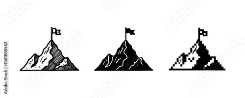 Black and white mountain icons with flags in various artistic styles
