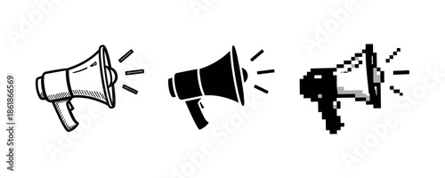 Three distinct megaphone icons: hand-drawn, silhouette, and pixel art styles