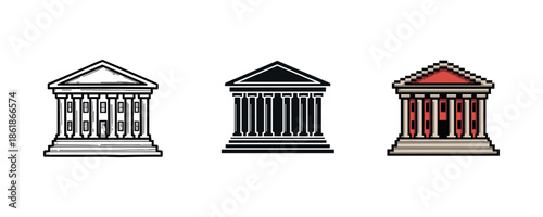 Set of three stylized classical greek temples in different art styles