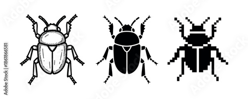 Vector illustration of beetle icons: hand-drawn, silhouette, pixel style variations