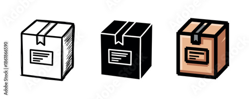 Three distinct graphic boxes in black, white, and brown with label icon