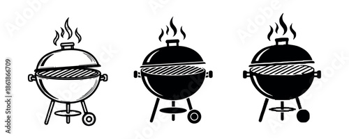 Set of three black and white kettle bbq grill illustrations with smoke