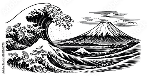 Hand drawn line art illustration of the great wave and mount fuji depicting a classic japanese landscape for cultural and travel design