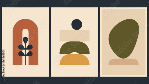 Modern abstract art with geometric shapes and plants on beige background