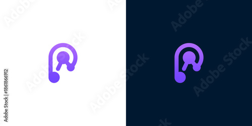 Modern and vibrant purple letter P logo design, abstractly integrating a musical note or headphone element, ideal for audio, podcast, and digital sound branding