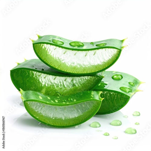 Wallpaper Mural Green aloe vera plant slices with water droplets against a white background Torontodigital.ca