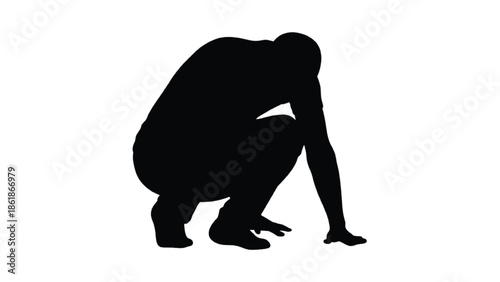 Silhouette of a person crouching on white background