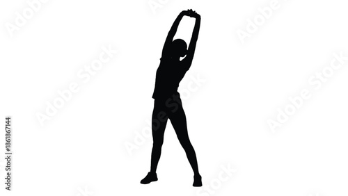 Silhouette of a woman stretching arms overhead on white background