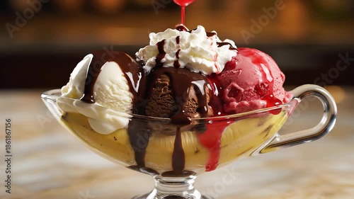Delicious Banana Split with Chocolate Strawberry and Vanilla Ice Cream Topped with Whipped Cream and a Cherry.