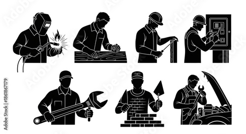 Skilled Trades Silhouette Set Featuring Welder, Carpenter, Electrician, Plumber, Mason, and Auto Mechanic