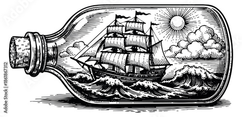 Engraving style illustration of a ship in a bottle depicting a sailing vessel on rough seas for maritime concepts